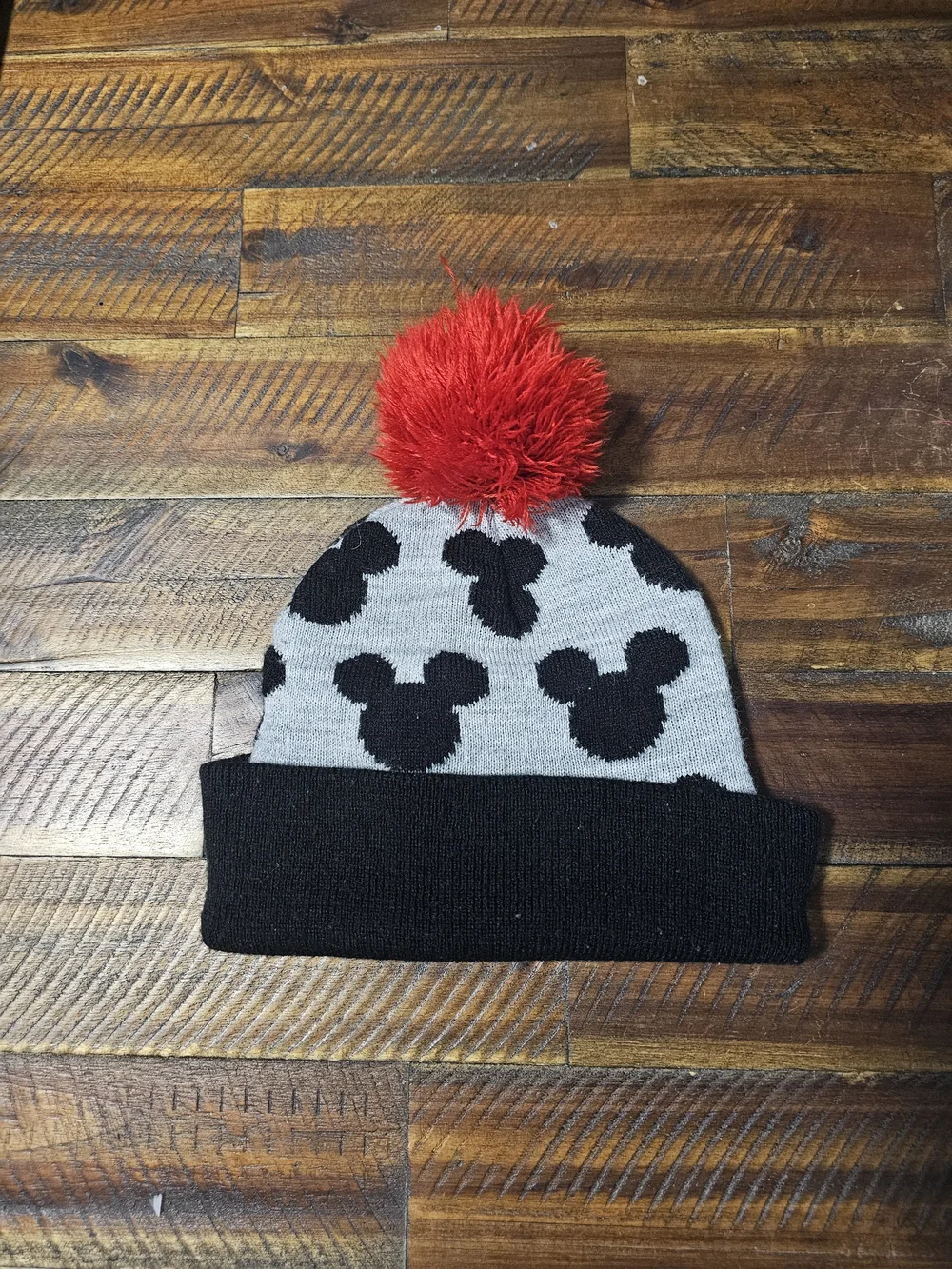 Kids Red Pom Knit Beanie with Black Mickey Pattern